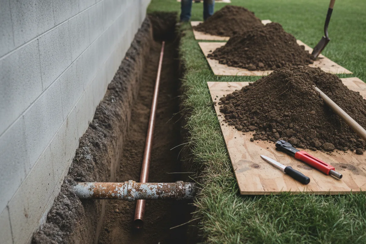 Excavated water line trench during Water Heater Repair in Dupont